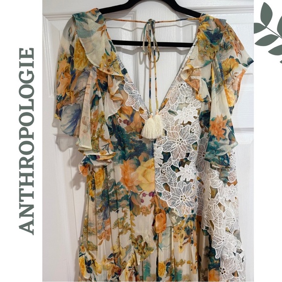 Anthropologie Floral Ruffle Maxi Hi Low Dress - V Neck Lined Romantic Size 20W - Picture 8 of 13